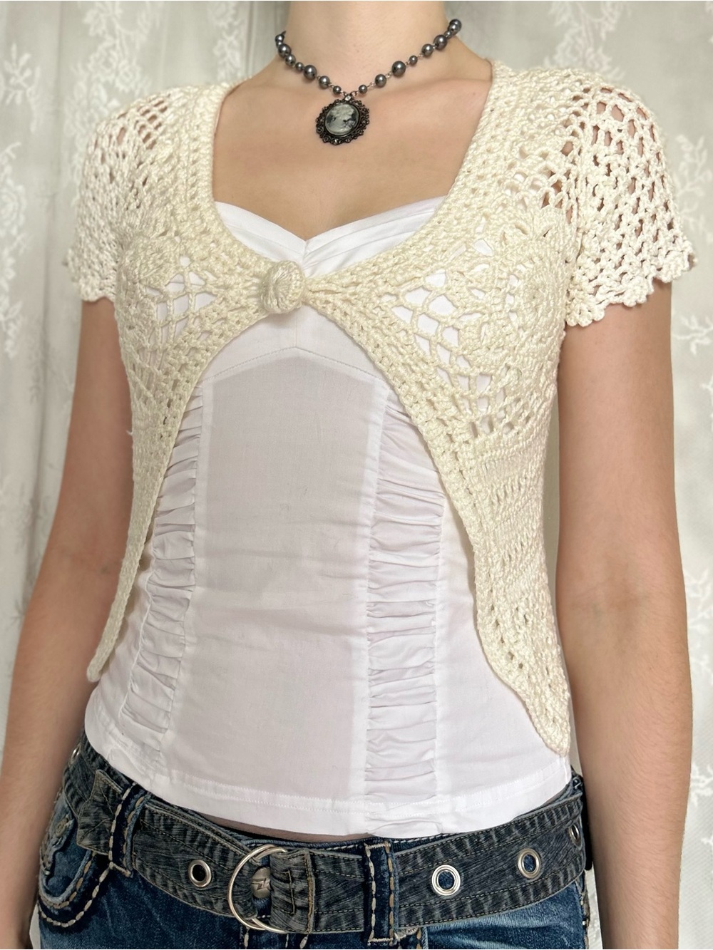 Vintage Coquette Cream Crochet Cardigan - Picture 2 of 6